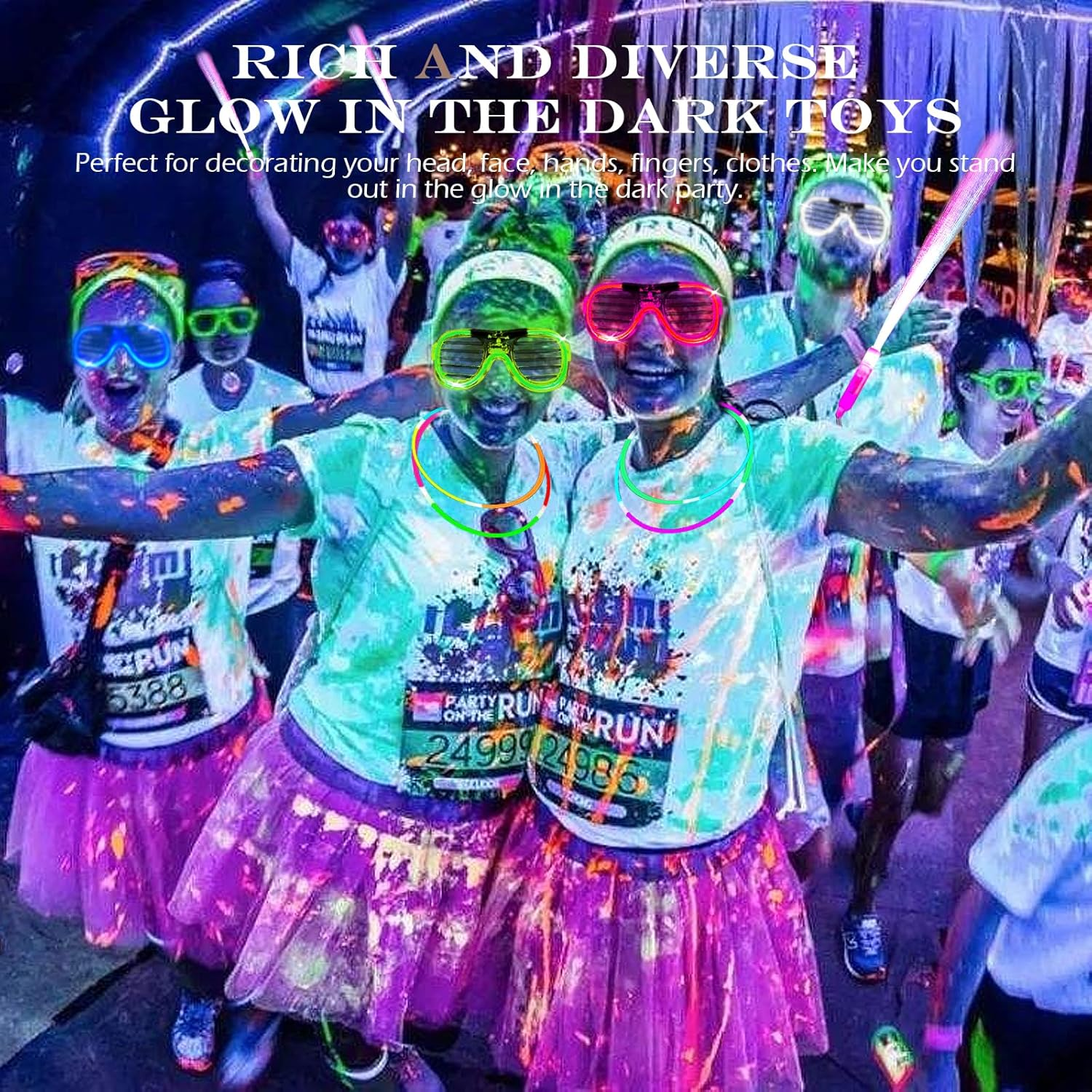 Auolen 290 PCS Glow in the Dark Party Supplies, 24 Glow Fiber Optic Wands, 15 LED Glasses and 200 Glow Sticks, 33 Finger Lights, 18 Hairs, Glow Party Favors for Halloween, Concert, Raves Birthday image number 2