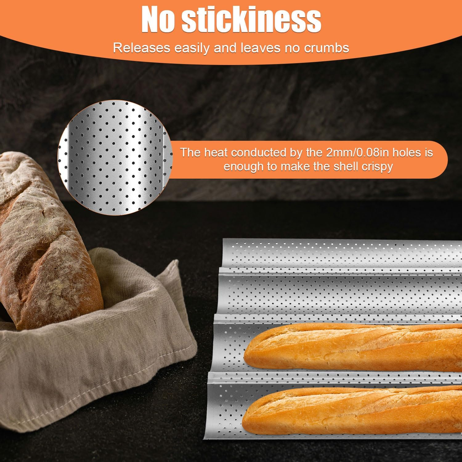 Lasuroa French Bread Baking Pan with Professional Proofing Cloth, 4 Loaves Baguette Bread Pan Long Sourdough Bread Baking Tray Perforated French Bread Pan for Professional & Home Baker image number 3