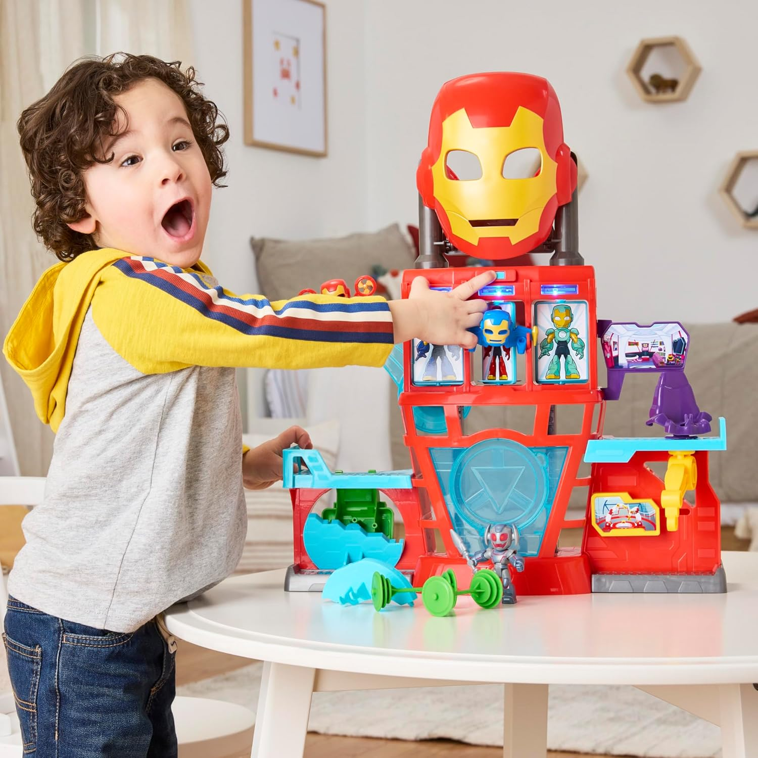 Marvel Iron Man and His Awesome Friends Boys & Girls Electronic Iron Quarters Playset with 3-Inch (7.6 CM) Action Figures & Mask, Super Hero Toys, 3+ image number 2