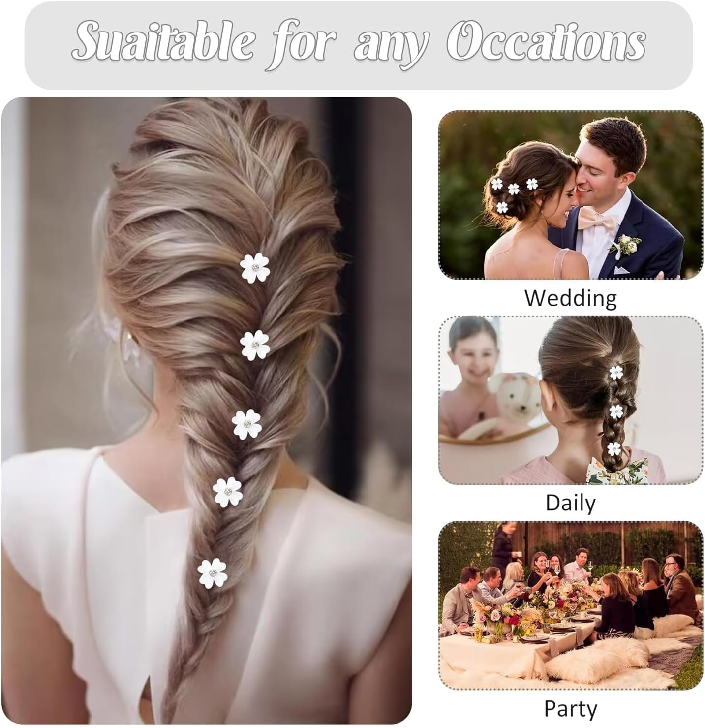 SHUNYUNG Mini White Clover Flower Hair Clips, 20Pcs, 0.63 Inches, Rhinestone, Daisy Flower, Cute Design, Women and Girls image number 3