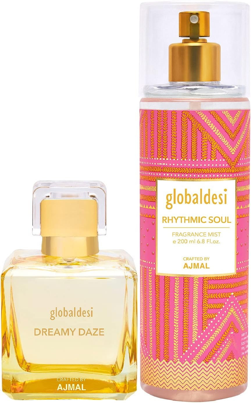 Global Desi Dreamy Daze Eau De Parfum 100ML & Rhytmic Soul Body Mist 200ML Pack of 2 for Women Crafted by Ajmal + 2 Parfum Testers