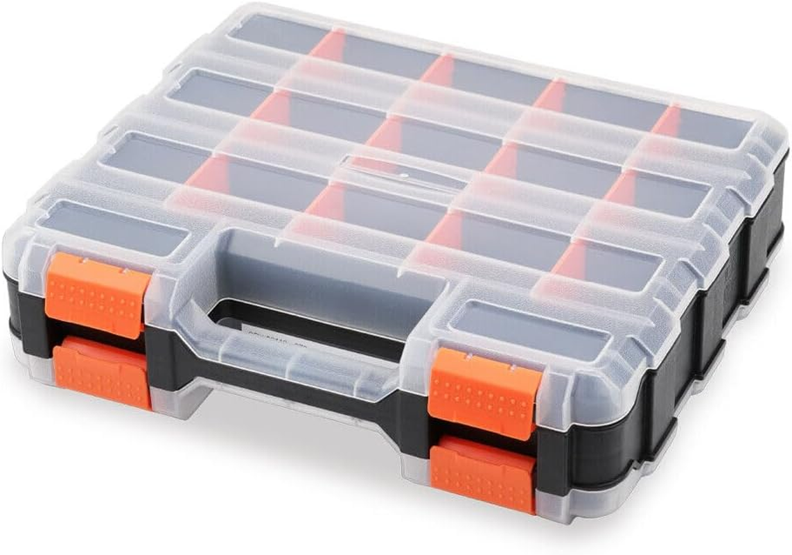 HORUSDY 34-Compartments Double Sided Organizer, Storage Box with Impact Resistant Polymer and Customized Removable Plastic Dividers, Storage and Carry Tool Box, Black/Orange image number 2