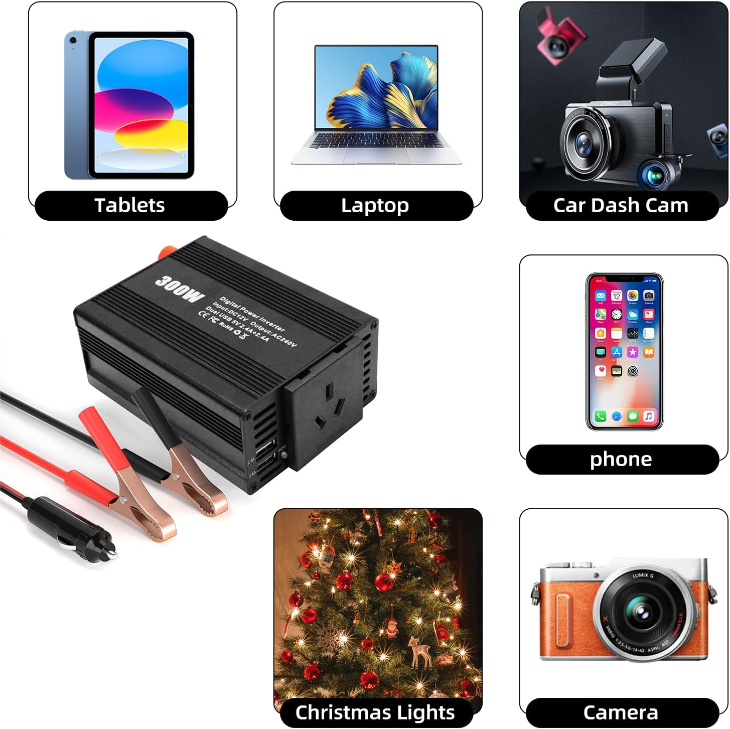 300W Pure Sine Wave Power Inverter DC 12V to AC 240V Car Plug Inverter Adapter Power Converter with 2.4A Dual USB Charging Ports and AC Outlets Car Charger for Smartphones Laptops Tablets,Etl Listed image number 2