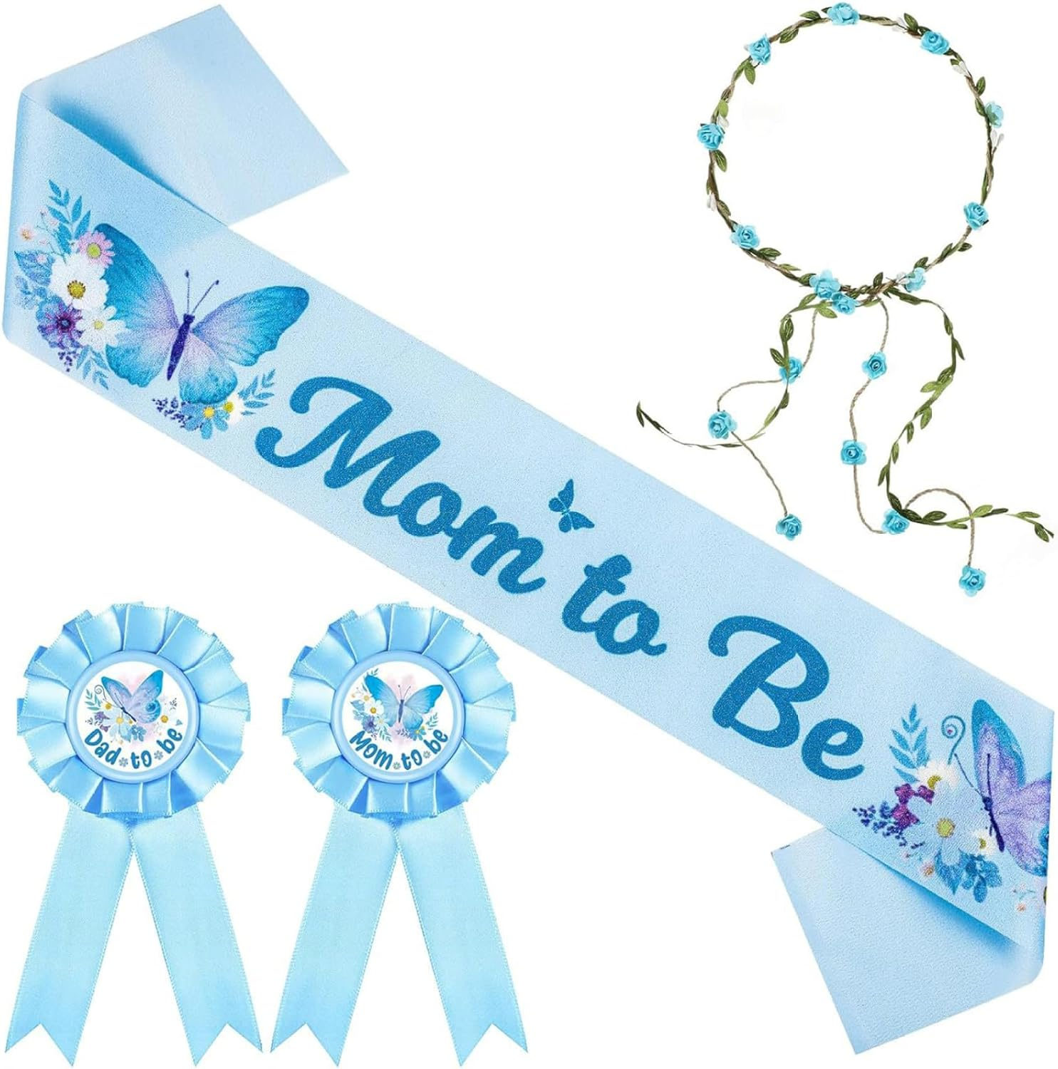 1 Set Baby Shower Sash for Mommy Badge Cute Blue Pin Flower Crown Headband Baby Shower Decorations for Pregnancy Props Keepsake Gifts Sash image number 1