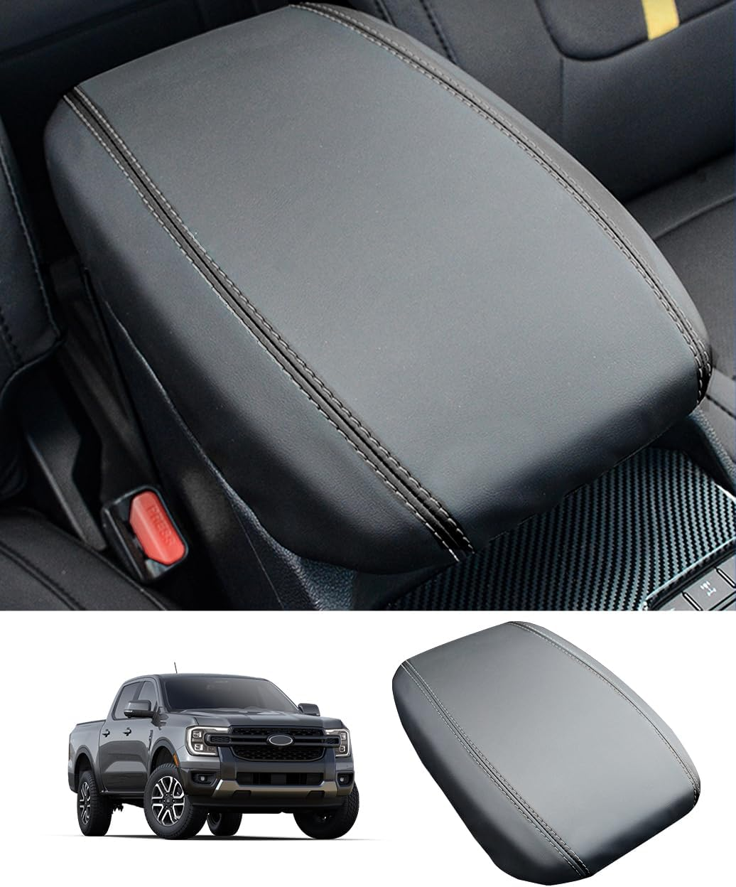 Center Console Cover for 2024 2025 Ford Ranger Accessories Leather Armrest Cover Ranger Xl/Xlt/Lariat/Raptor Anti-Scratch Arm Rest Seat Cover Customized Middle Console Lid Pad Protector(Black)