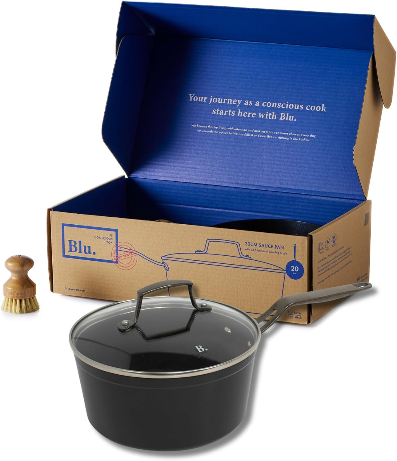 Blu. Cookware 20Cm Nonstick Sauce Pan with Lid Toxin-Free, Durable Non-Stick Ceramic, Recycled Aluminium, Pfa/Pfoa-Free, Suitable for All Hobs, Includes Cleaning Bamboo Brush image number 4