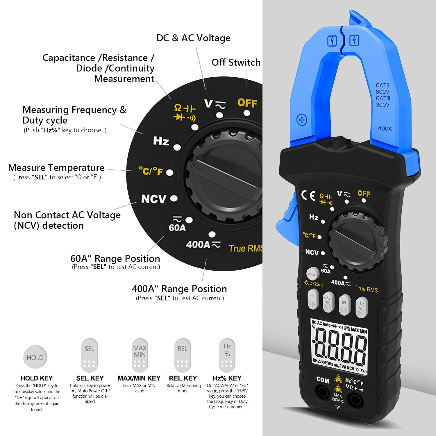 Digital Clamp Meter, HOLDPEAK 7200-APP AC/DC Amp Clamp Meter 6000 Counts Auto-Ranging Bluetooth Multimeter for Volt, Amps, Ohm, Temp, Frequency, TRMS Clamp Meter Multimeter for Home, Circuit Detection - Hp-7200-App(With Ncv Function) image number 2