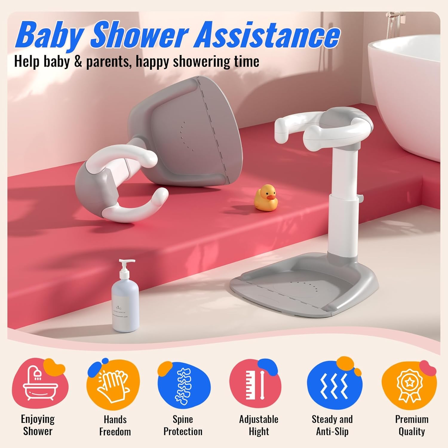 Baby Shower Standing Support, Adjustable Toddler Bath Stand with anti Slip Baseboard, for Changing Clothes, Bathing by Standing up Themselves, Shower Holder Maker Idea 8-36 Months image number 5