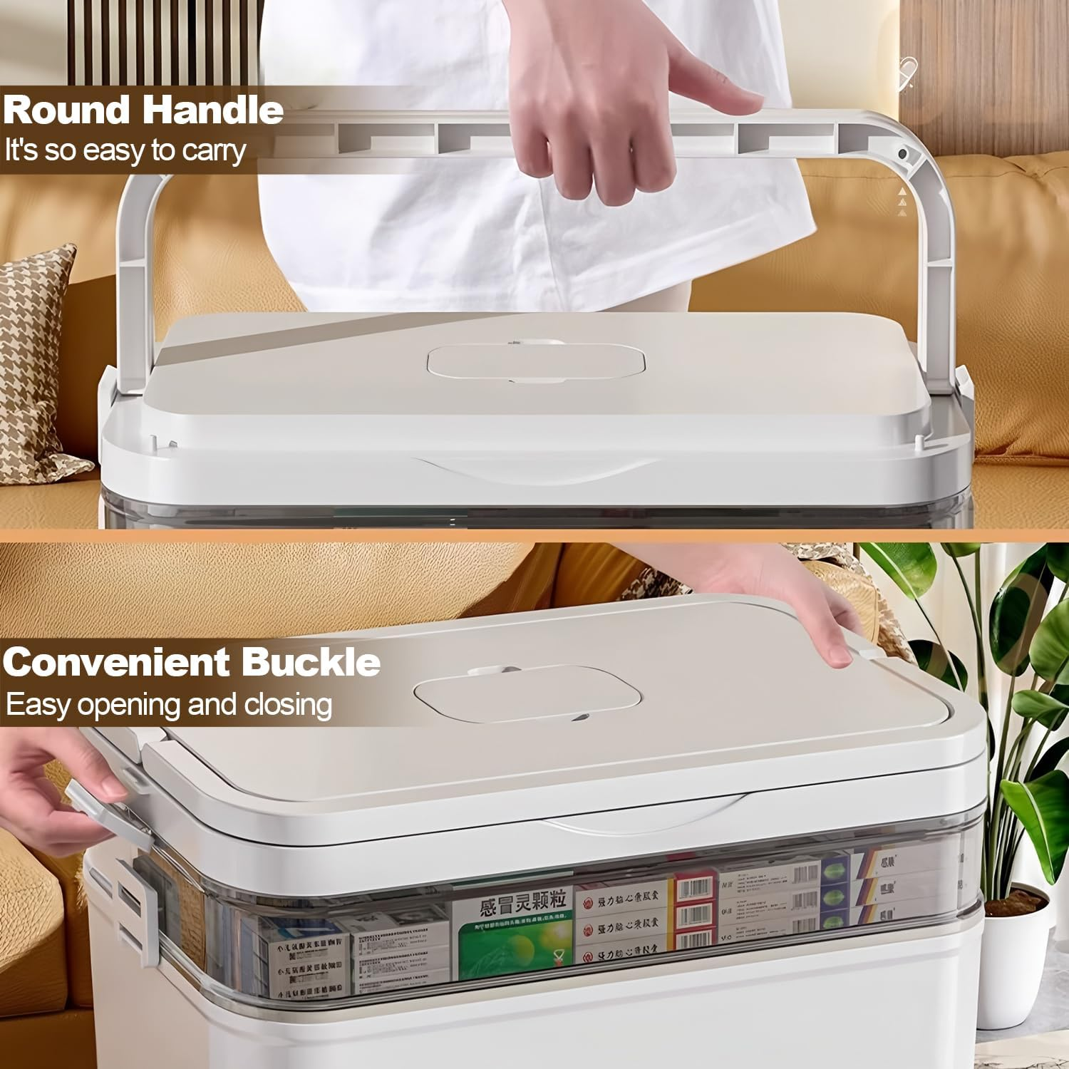 Medicine Storage Box with Handles,3-Tier Portable PP Large Capacity Household Portable Medical Storage Box,Sealing Buckle & Dual Trays Partitioned Bedroom Storage for Family, Office and Travel image number 2