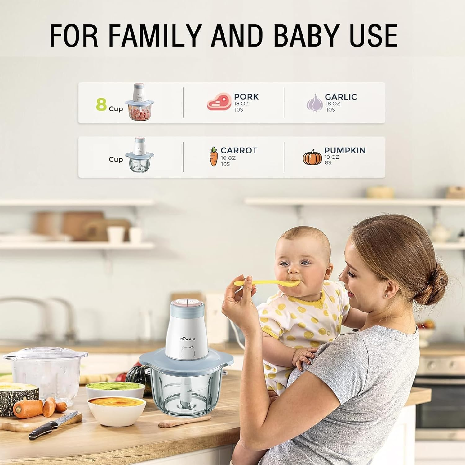 TECHBEAR Food Processor, 300W Electric Meat Grinder Food Chopper W/ 2L Dishwasher Safe Glass Bowl, 4-Leaf S-Blades, 2 Speeds Setting for Baby Food, Meats, Onion, Garlic Chopper, Vegetables(Au Adapter) image number 3