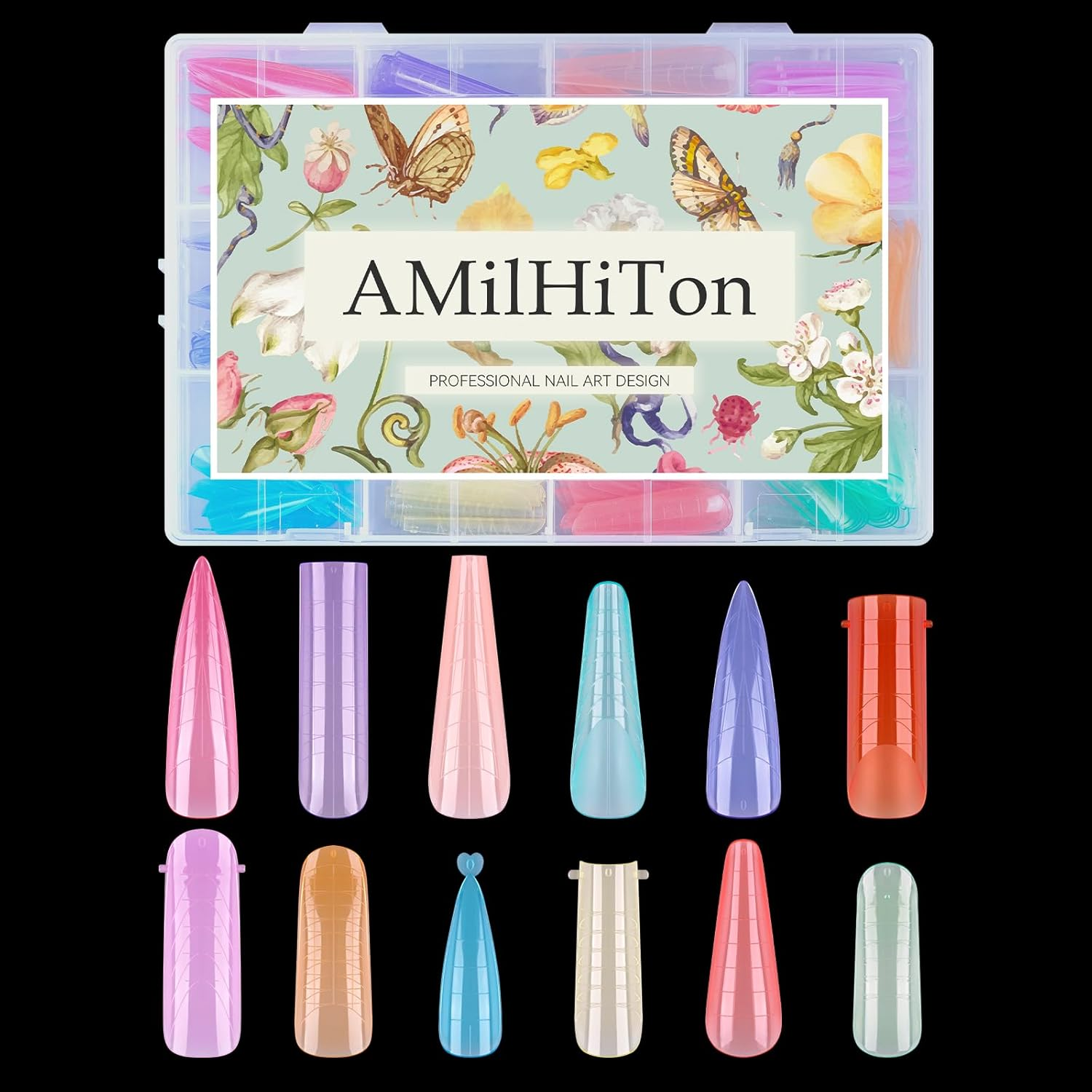 AMILHITON 288PCS Dual Nail Forms Set for Poly Gel & Builder Gel, 12 Mixed Shapes Full Cover Molds with Length Scale, Multicolor Matte & Clear Reusable Forms for Nail Extension Practice & DIY Manicure image number 4