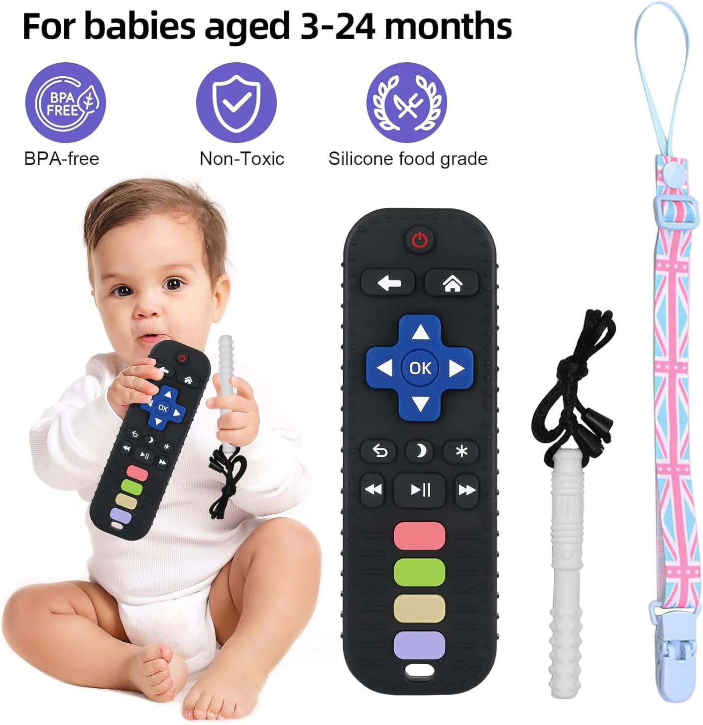 Baby Teething Toys, Food Grade Silicone Teether for Babies 0 3 6 9 12 18 Months, TV Remote Control Shape Toddlers Chew Toys, Teething Relief Baby Toys for Boys and Girls, Infants Essentials (Black) image number 3