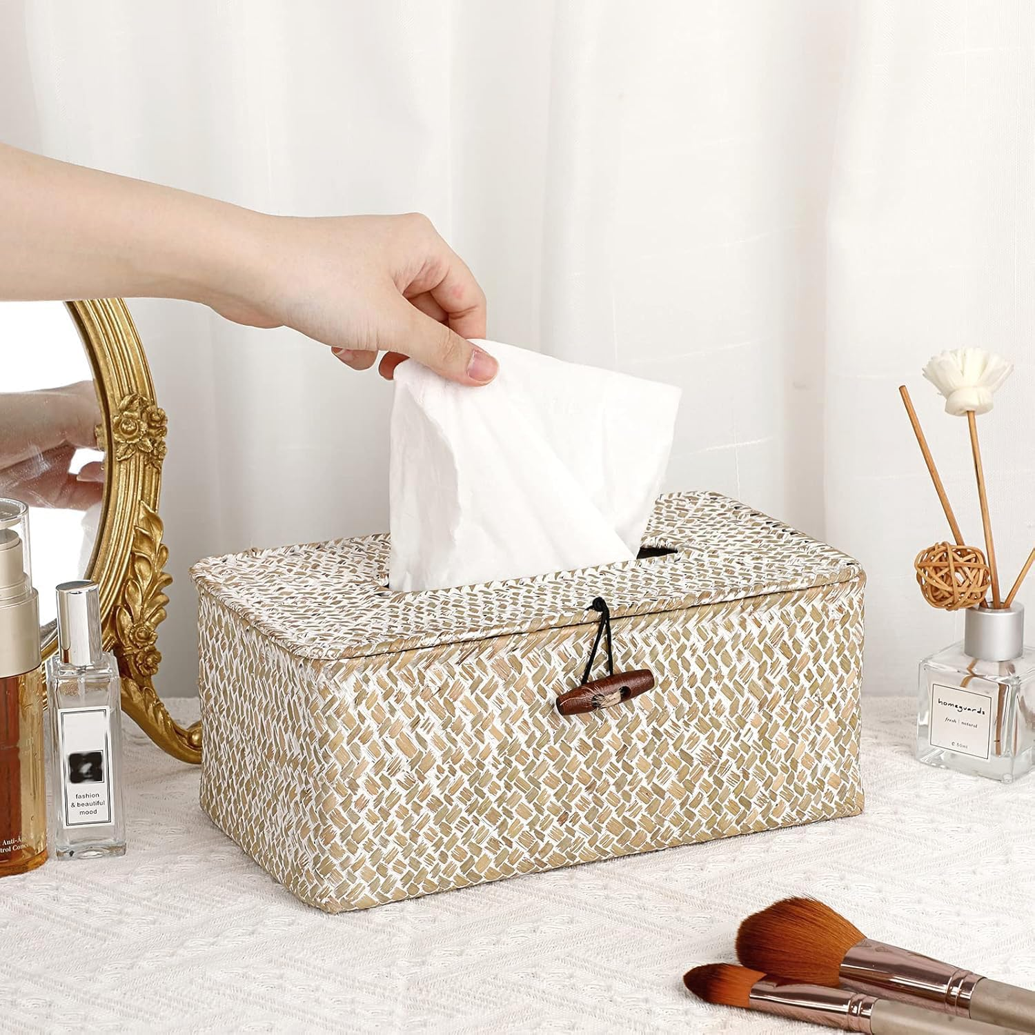 Vintage White Rectangular Seagrass Tissue Box Cover, Country Rustic Style image number 6