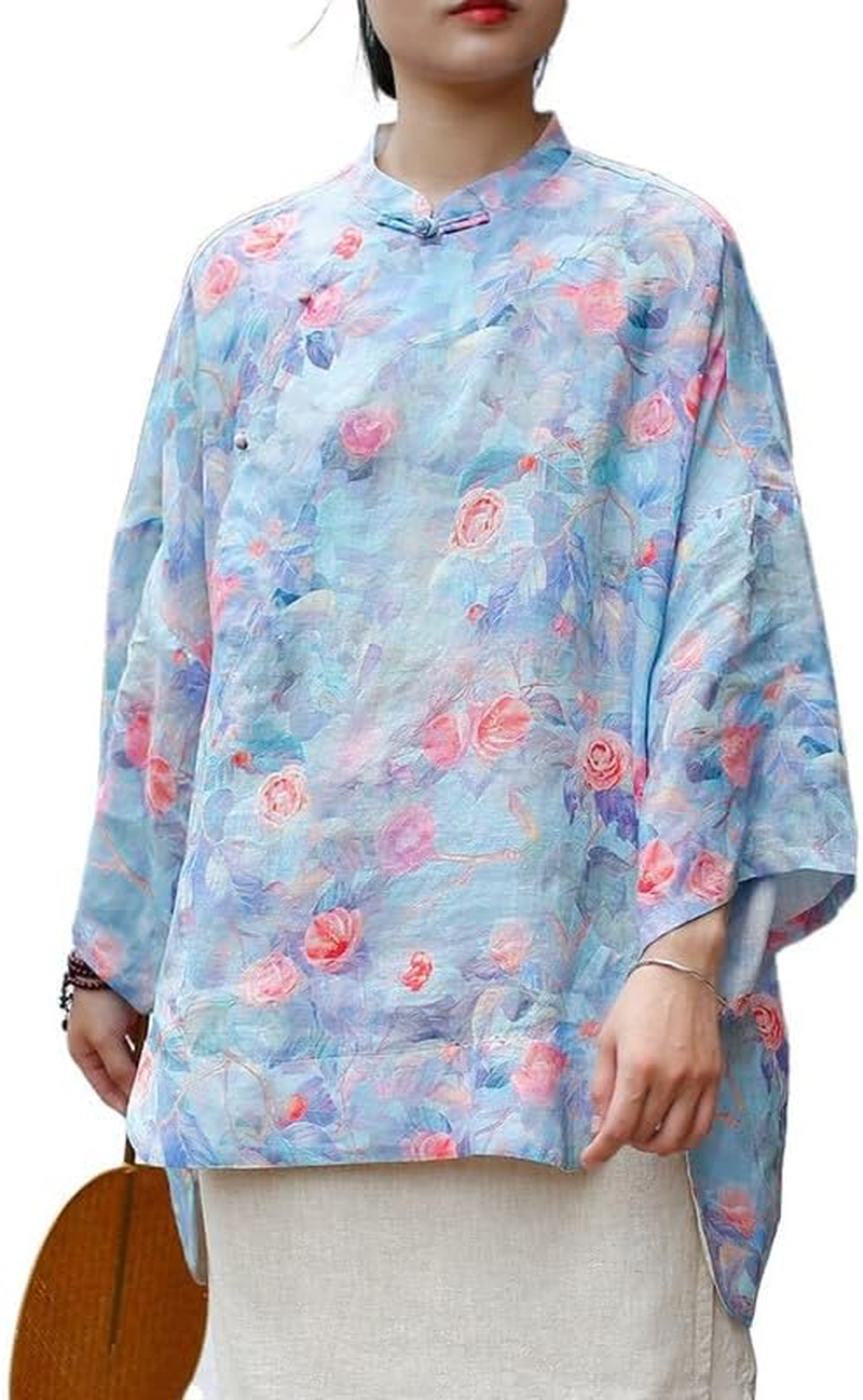 Women'S Vintage Chinese Style Linen Shirt Loose Fit Stand Collar Frog Button Top Blouse