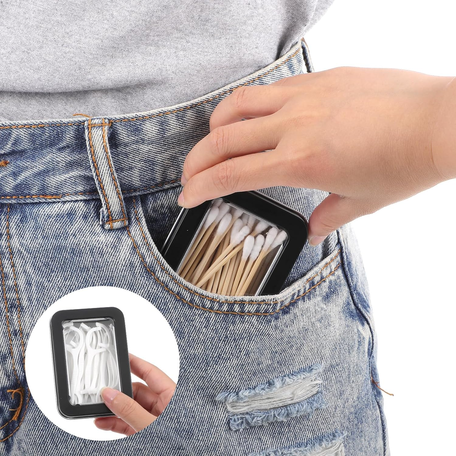 4Pcs Cotton Swab Holder for Travel, Portable Floss Picks Case with Dustproof Lid Refillable Floss Pick Dispenser Travel Flosses Picks Case with Dustproof Lid for Cotton Swabs Hair Ties (Black) - Silver image number 5