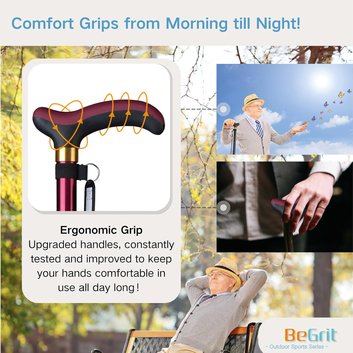 Begrit Walking Cane Black Walking Sticks- Adjustable Height for Seniors and Adults, Enhanced Stability and Support 142～188Cm - Black image number 3