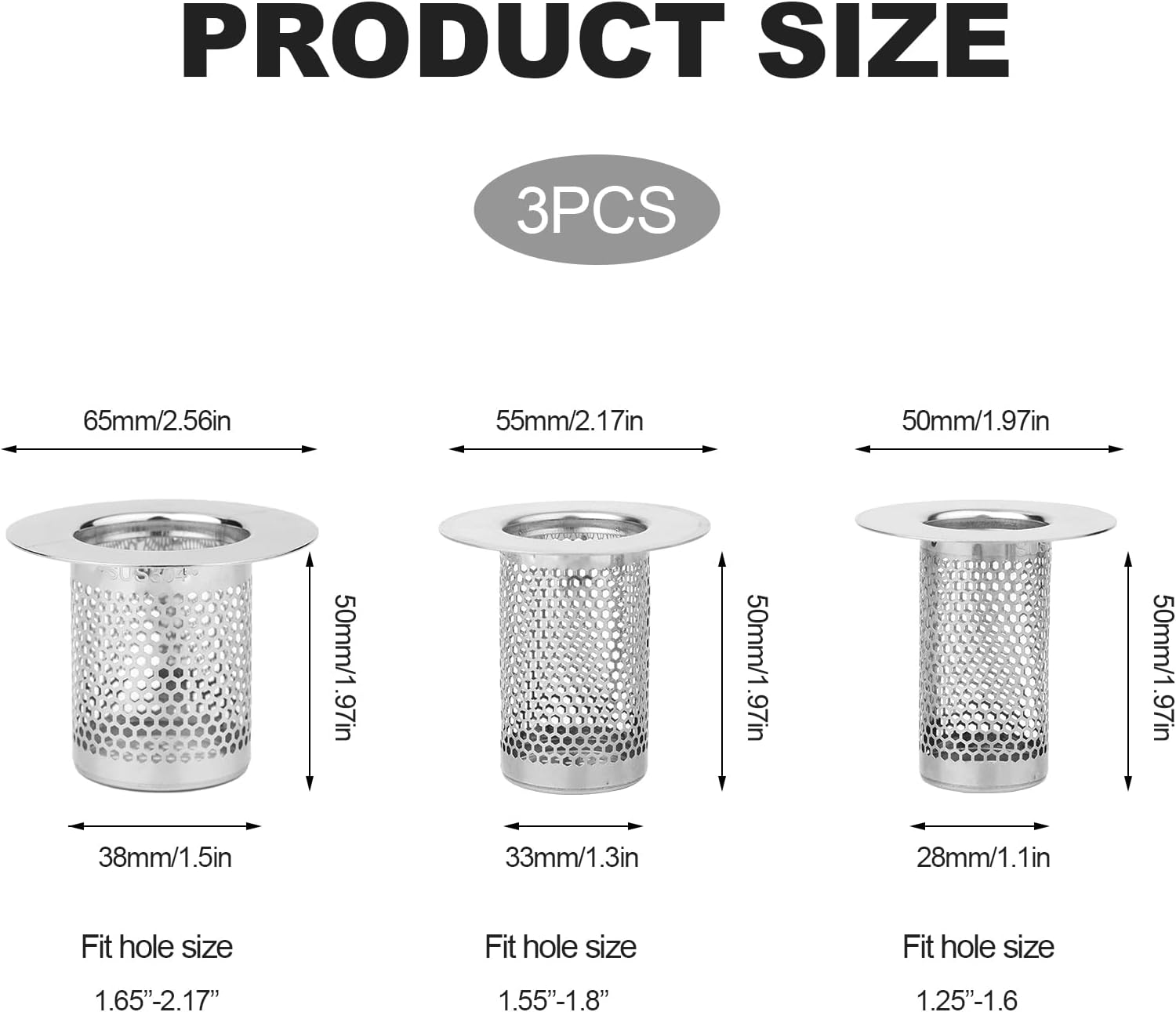 SAVITA 3Pcs Bathtub Drain Cover, Hair Catcher Shower Drain Stainless Steel Hair Catcher Hair Strainer Shower Drain Filter for Sink Strainer, Bathtub, M, B35048 image number 1