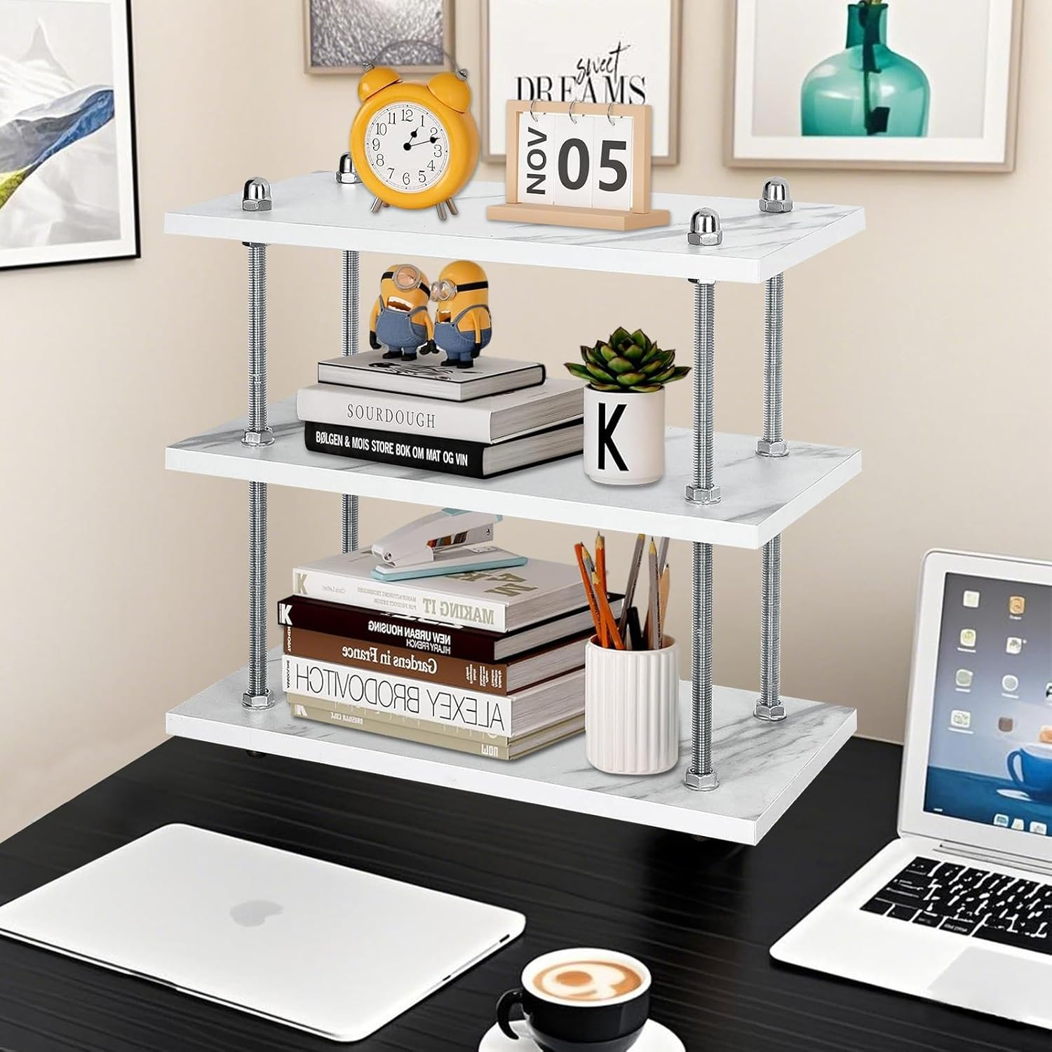 Desktop Organizer,White Bookcases,Mug Holder Countertop, Kitchen Counter Shelf for Tea Coffee Bar Accessories,Cup Display, Condiment Storage Rack, 3Tier Heavy Duty Solid Frame image number 5