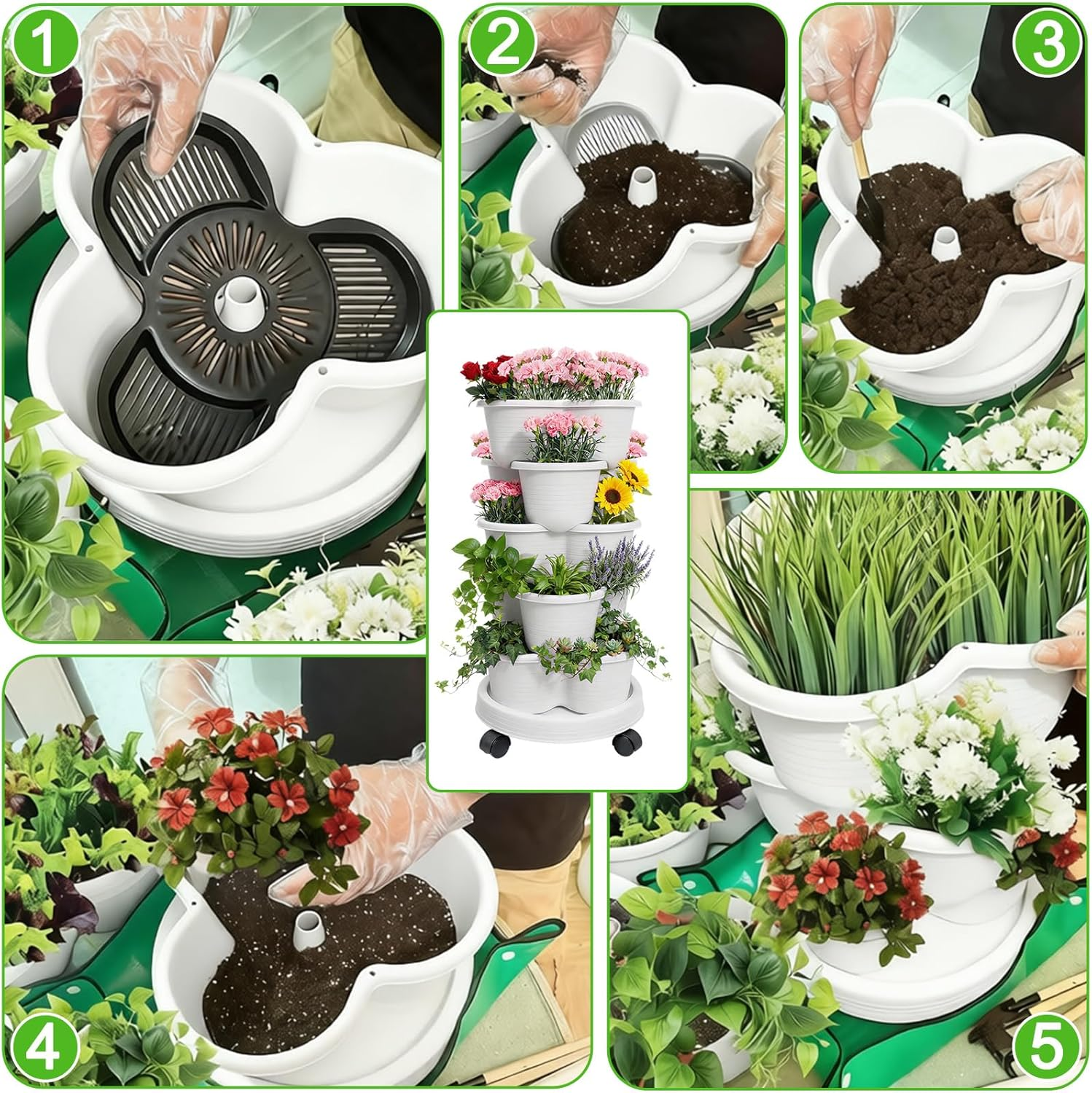 Vertical Planter, 5 Tier Stackable Planters, Indoor Outdoor Gardening Pots with Removable Wheels and Tools, Vegetable Planter for Grow Herbs, Strawberries, Flowers, Succulents image number 3