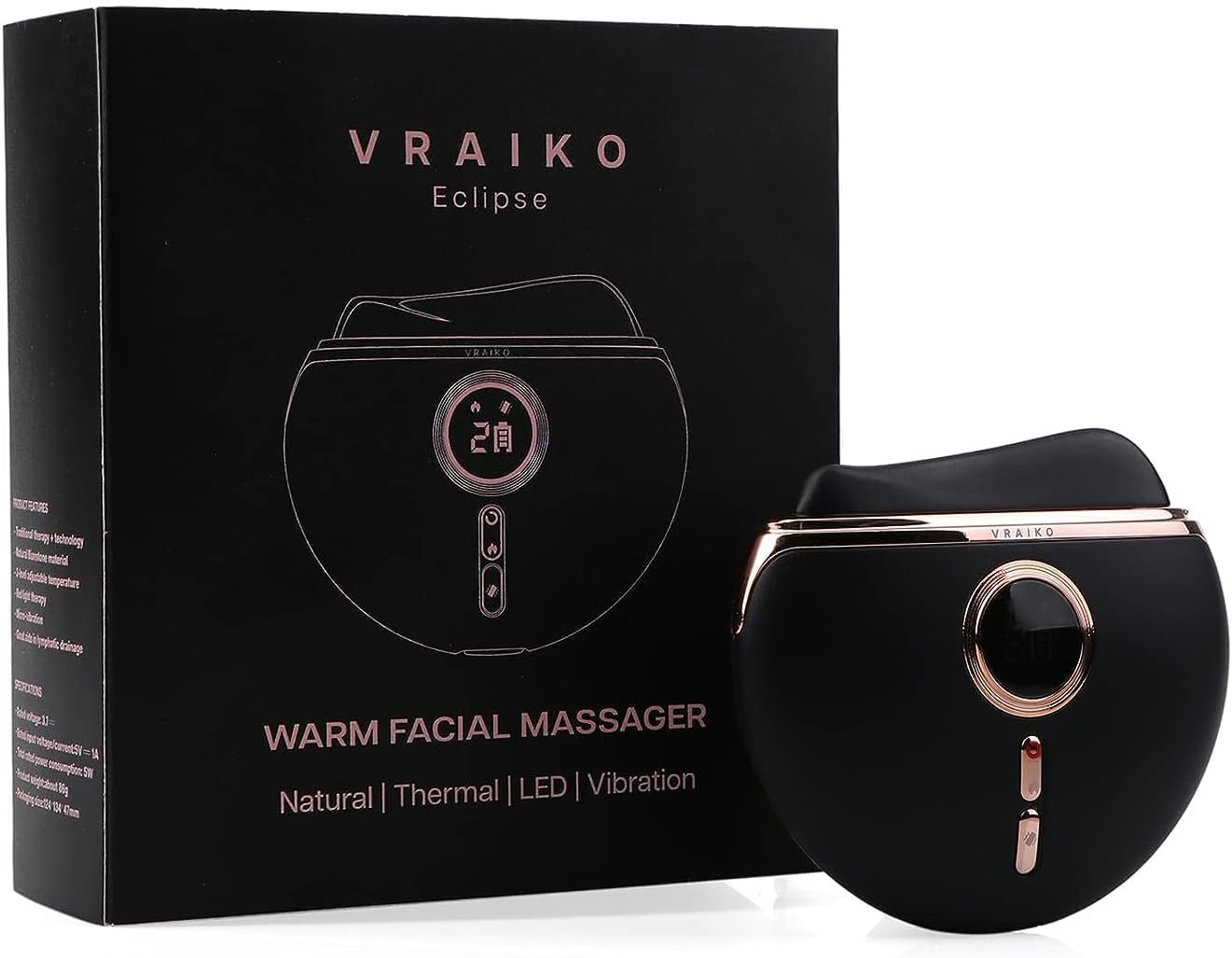 VRAIKO Eclipse Gua Sha Facial Tools, Face Sculpting Tool, Electric Face Massager with Heat & Vibration & 1000Mah Battery, Neck & Face Lift, Wrinkle and Puffiness Reduction & Promote Lymphatic Drainage (Black Gold) image number 3