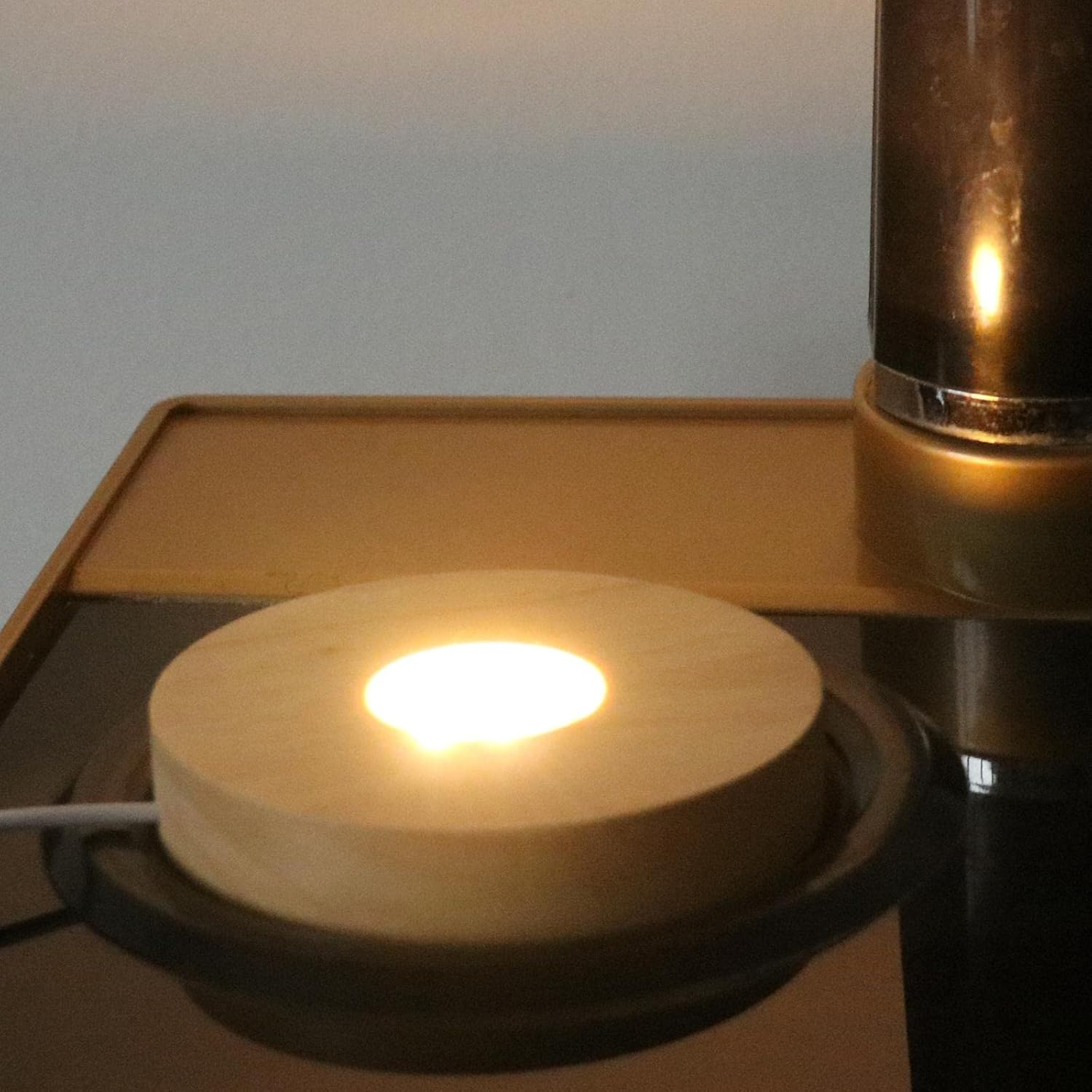 XIMING USB Wooden LED Light round Desktop Display Stand Ornament for Art Jewelry, Warm Light image number 6