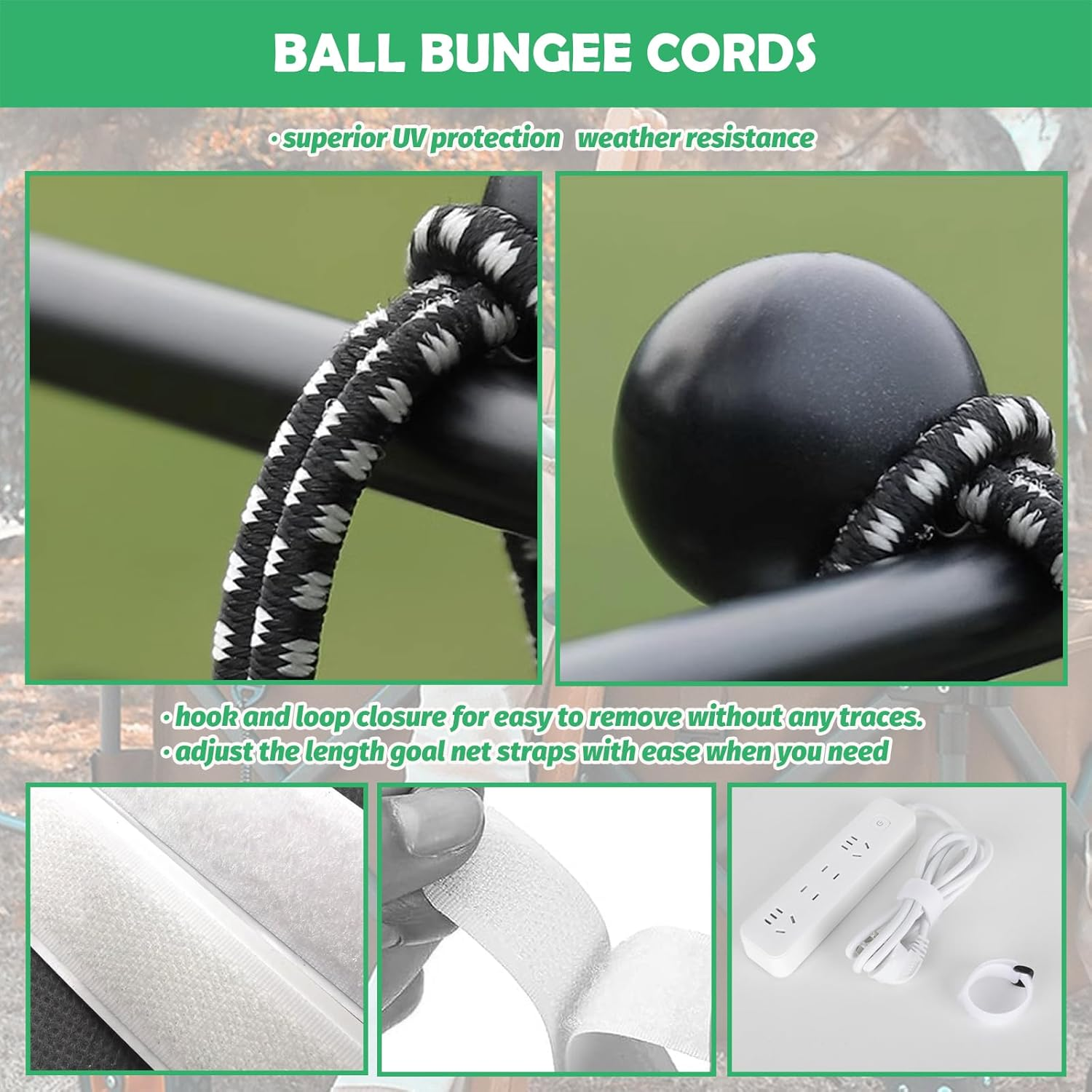 60Pcs Soccer Net Fastener Set, White Self Stick Soccer Attachment Straps and Black 5.9&rdquo; Ball Bungee Cords Soccer Rebounder Accessories for Holding Soccer Training Soccer Goals Camping Tent