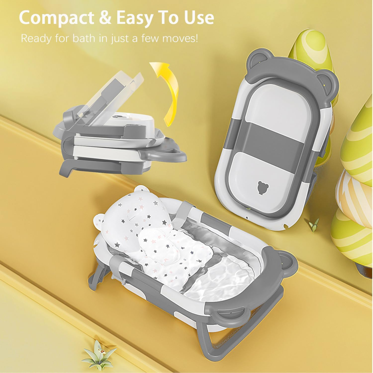 Collapsible Baby Bathtub for Infants to Toddler with Floating Cushion,Foldable Baby Bath Tub Set Applicable 0-36 Month,Perfect Portable Travel Baby Tub for Newborns Boy (Grey) image number 3