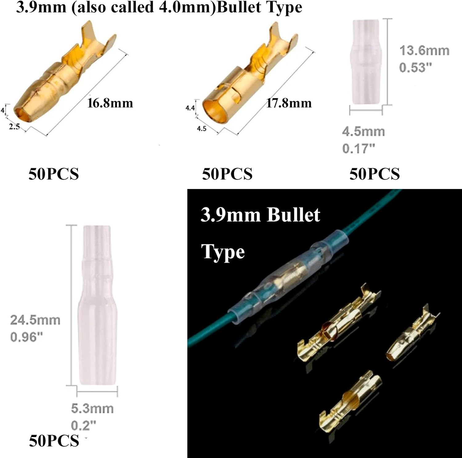 1000Pcs Insulated Spade & Bullet Connectors Set; 2.8Mm 3.5Mm 3.9Mm 4.8Mm 6.3Mm Male and Female Terminals and Insulation Sleeve Kit Copper Electrical Wire Wrap Crimp Splice with Nylon Sleeves &hellip; image number 4