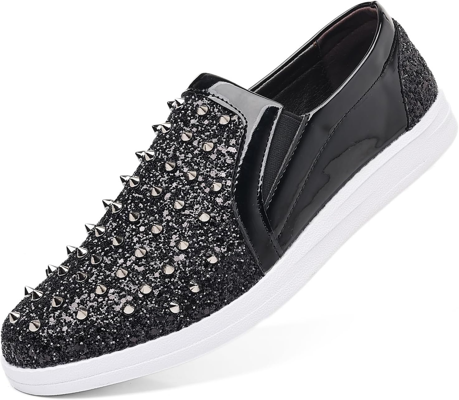 Trsorini Men'S Glitter Spikes Sneakers Sparkly Shiny Light-Up Shoes Metal Rivet Soft Sole Male Shoes