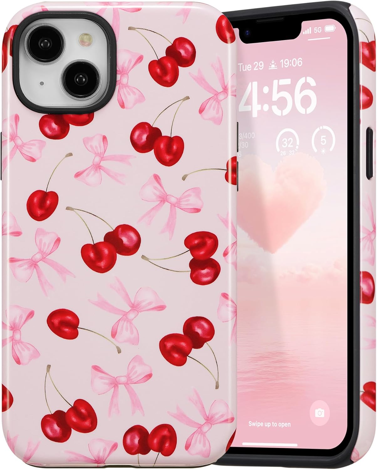 DEFBSC Case for Iphone 16 Pro Max, Cute Pink Bow Cherry Print Aesthetic Trendy Pattern for Women Girls Slim Durable Bumper Shockproof Hybrid Hard Back Phone Cover, Big Ribbon/Glossy