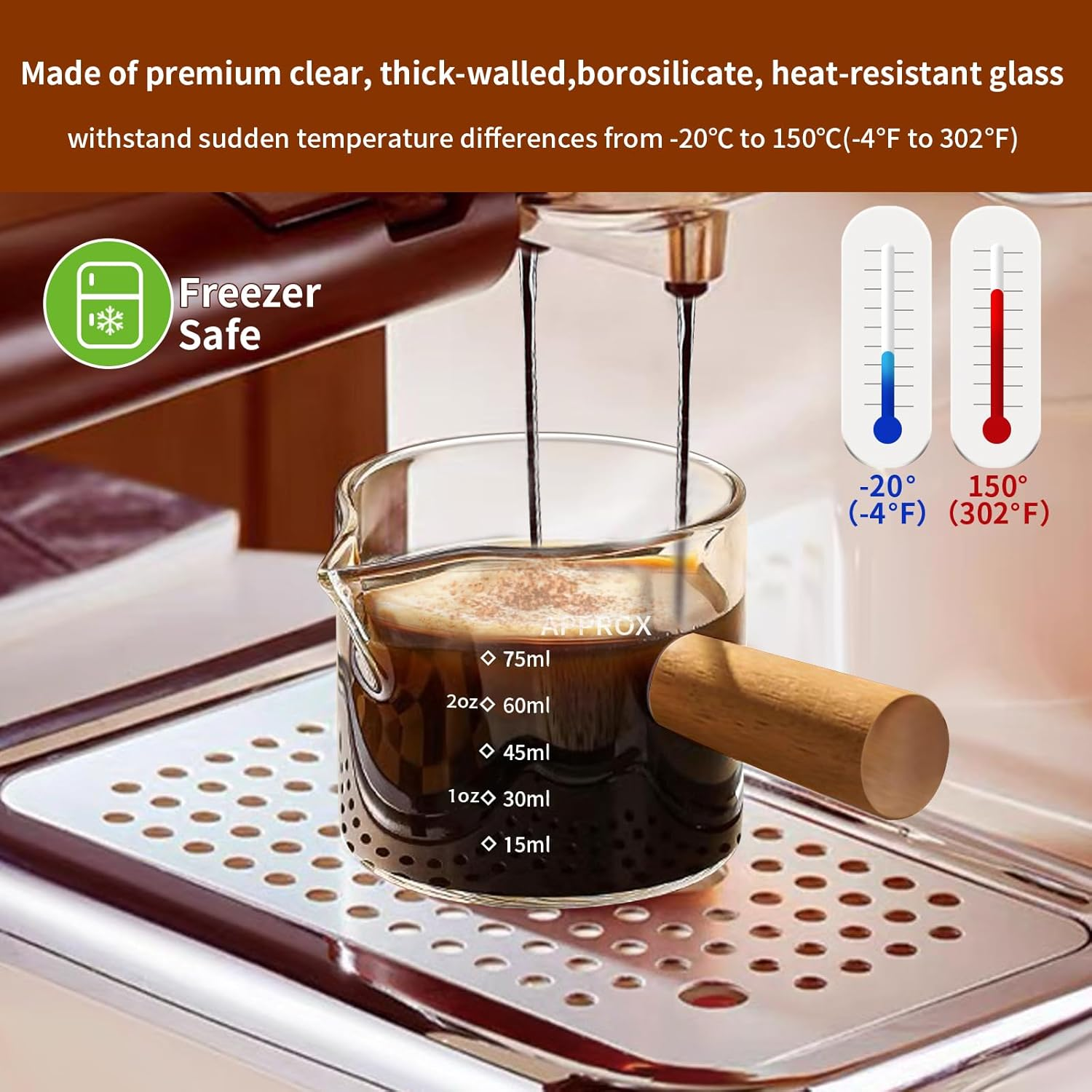 YARRAMATE Espresso Shot Cup with Wood Handle, Clear Glass Accessories, Measuring Cup with Dual Scale, Single Spout Shot Glass, 3.4Oz/100 ML image number 2