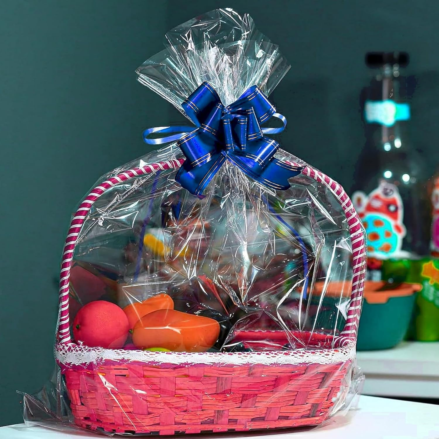 MAIHUO 100 Pack Cellophane Bags Large,With 100 Pcs Blue Pull Bows Ties and 100 Pcs 8Cm Gold Twist Ties,Cellophane Bags (18X28Cm) image number 4