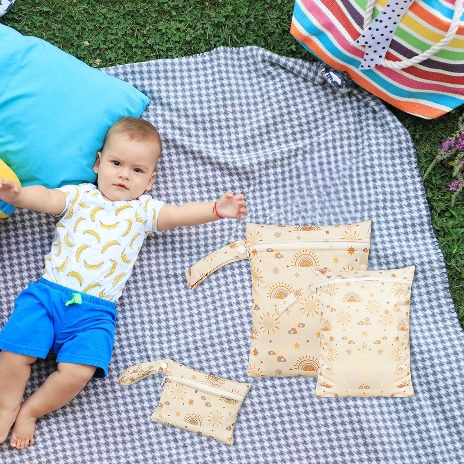 3 Pack Wet Bag, Baby Cloth Diapers Storage Bag, Cloth Diaper Dry Bags Waterproof Reusable, Zipper Style with Hand Strap, for Travel Bags, Beach, Pool, Gym, Wet Clothes, Pacifier, Teething Stick image number 3