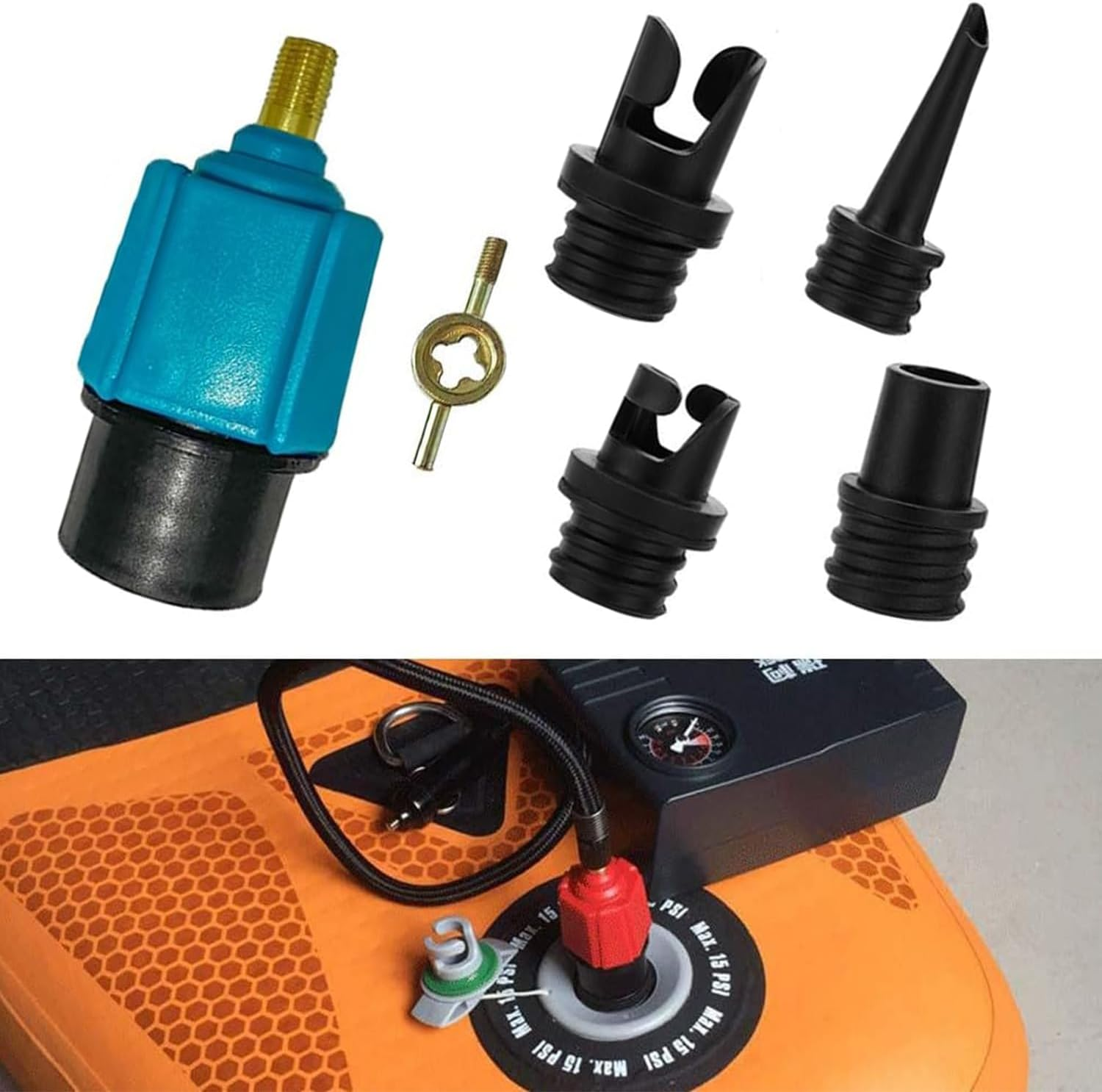 Lyfengdeam Inflatable SUP Pump Adaptor Compressor Paddle Board Pump Adapter, Multifunction SUP Valve Adapter with 4 Air Valve Nozzles for Inflatable Boat, Stand up Paddle Board, Inflatable Bed