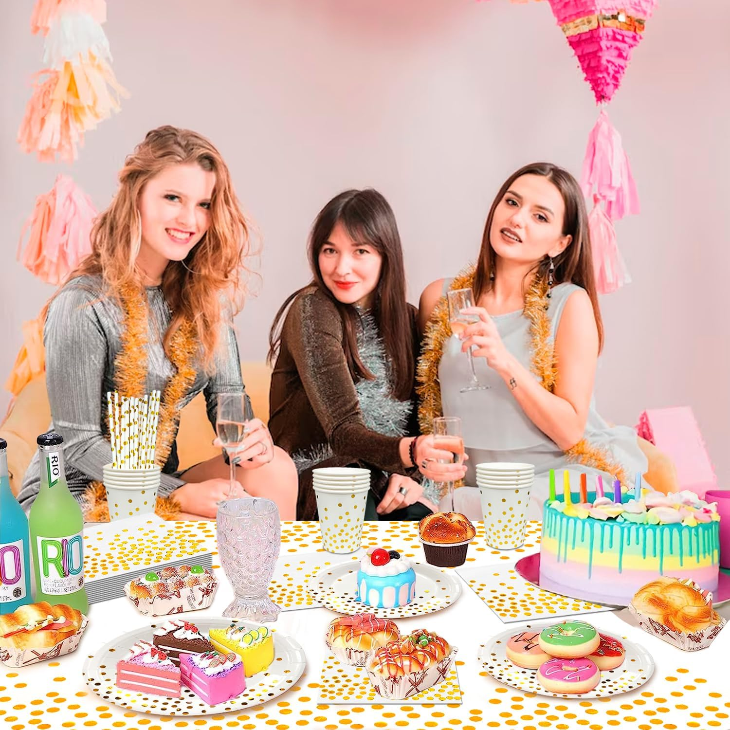 White and Gold Party Supplies, 24 Guests Gold Paper Plates and Napkins Party Supplies Set - White and Paper Plates Cups Tablecloth & Dot Napkins for Graduation, Holiday