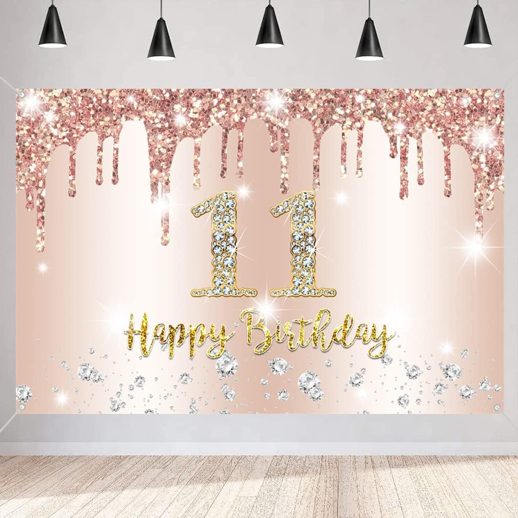11Th Birthday Girl Decoration, 11Th Birthday Banner Rose Gold, 11Th Birthday Fabric Sign Poster, 11Th Birthday Background Banner Girl Birthday Party Decor image number 3