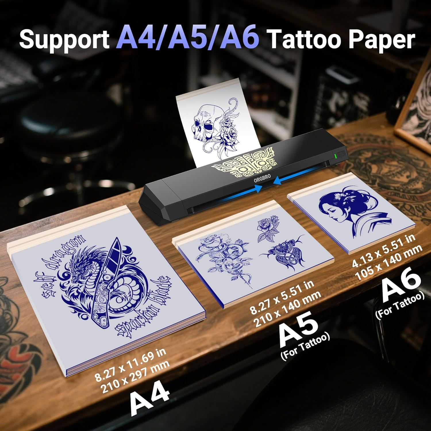 ORGBRO Tattoo Stencil Printer, X8 Thermal Tattoo Transfer Printer with 30Pcs Transfer Paper, A4/A5/A6 3-In-1 Wireless Tattoo Machine for Tattoo Artists & Beginners, Compatible with Phone/Tablet/Pc image number 4