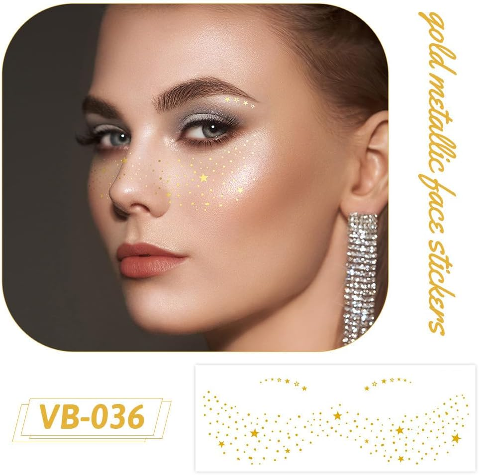 10 Sheets Glitter Freckles Face Tattoo, Sparkle Freckles for Women, Face Waterproof Glitter Speckles Patches, Used for Professional Makeup, Party Gathering Gold image number 4