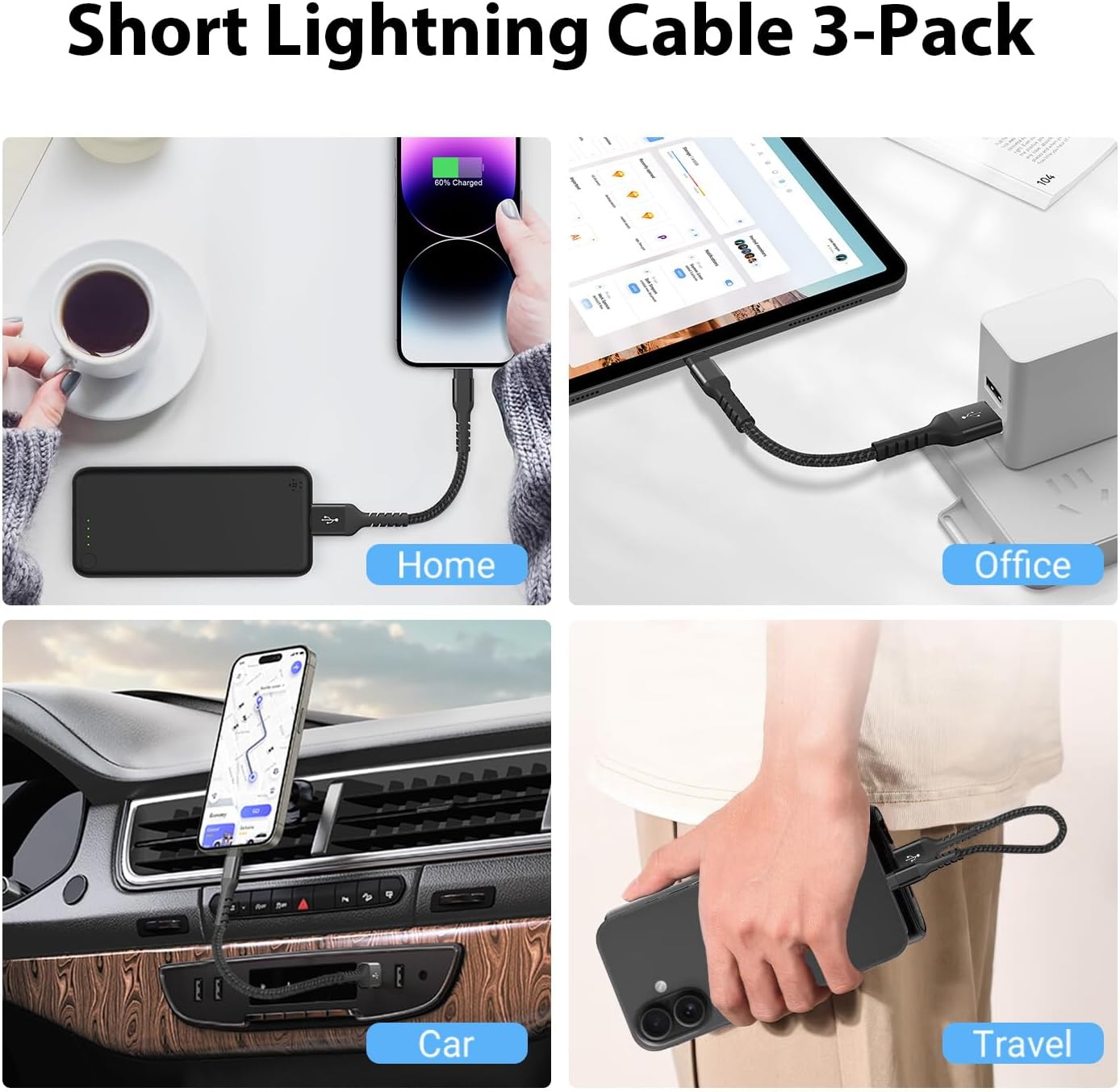 Azhizco 3Pack 0.3 M Iphone Charger Cable, Apple Mfi Certified USB to Lightning Cable Short Lightning Cable Fast Charger for Power Bank Iphone 14 13 12 11 Pro Max XR XS Max X 10 8 7 6 Ipad - Black 0.3M image number 6