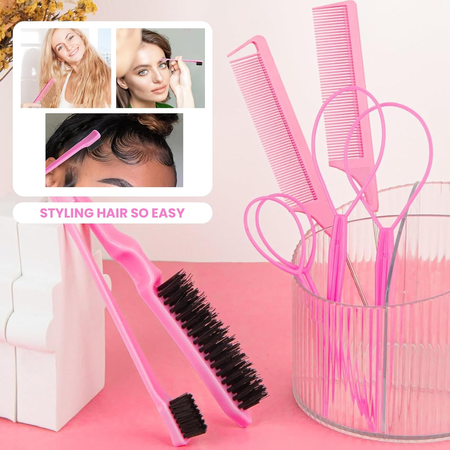 Agwenkui 8 Pcs Hair Brushes Set with 4Pcs Topsy Tail Tools - Hair Tools Set with Edge Brush Teasing Bristle Brush 2Pcs Metal Pin Rat Tail Combs for Women'S Styling (Pink) image number 5