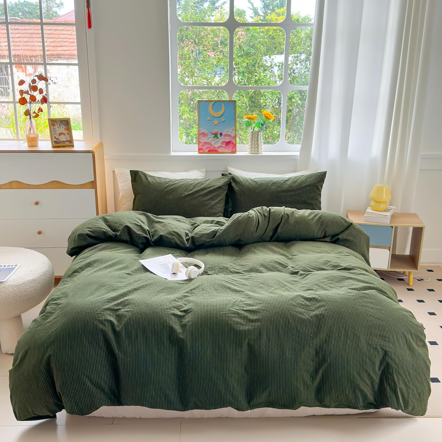 Pinkmemory Olive Green Striped Duvet Cover Queen 100% Washed Cotton Dark Green Stripe Duvet Cover Set Full 3Pcs Pinstripe Pattern Bedding Set with Zipper Closure Corner Ties,Soft Breathable image number 4