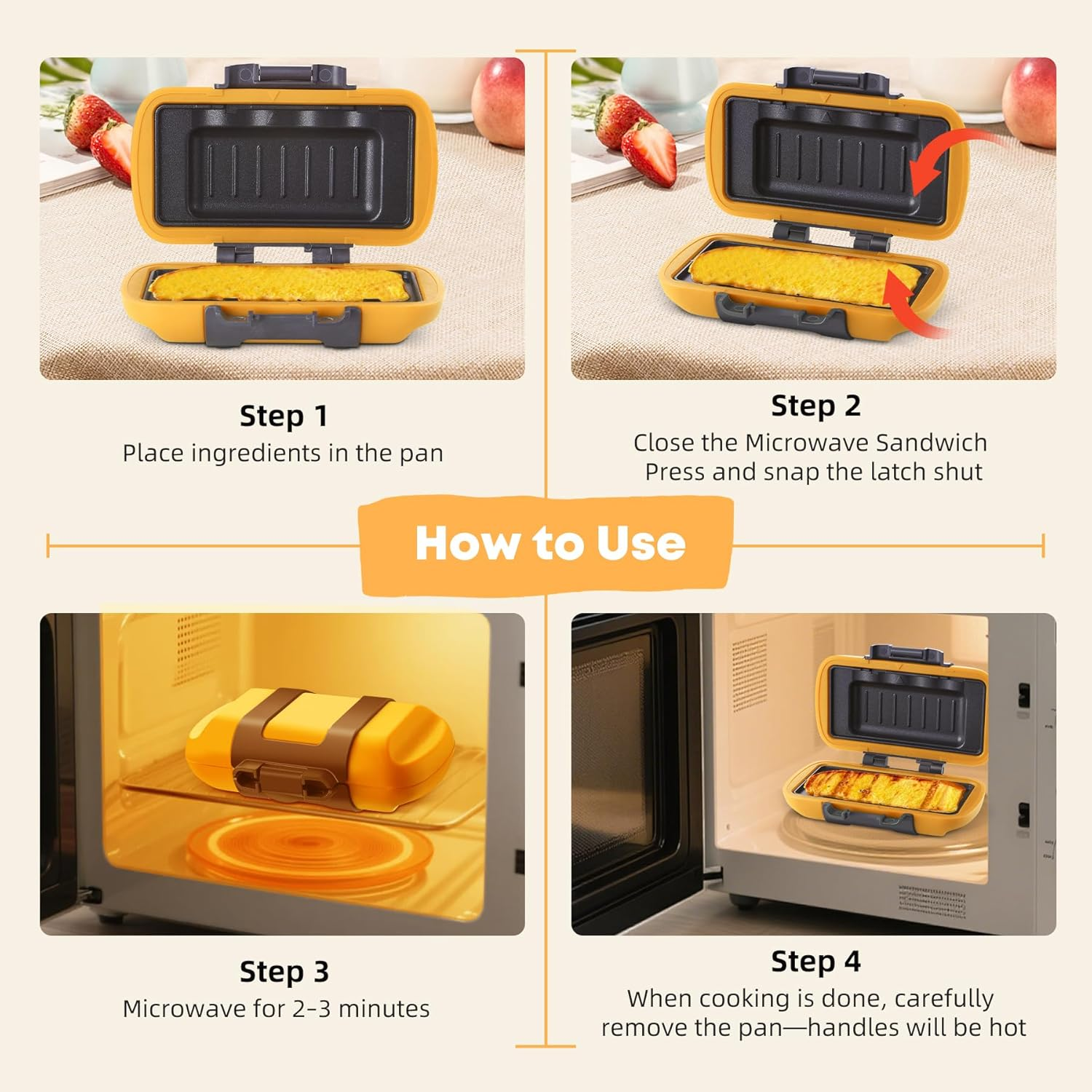 Mico Dingker Microwave Sandwich Maker, Microwave Toastie Maker, Snack Maker & Panini Press, Microwavable Metal, Removable Non-Stick Plates Silicone Microwavable Cookware, Heatwave Technology, Orange - Orange image number 3