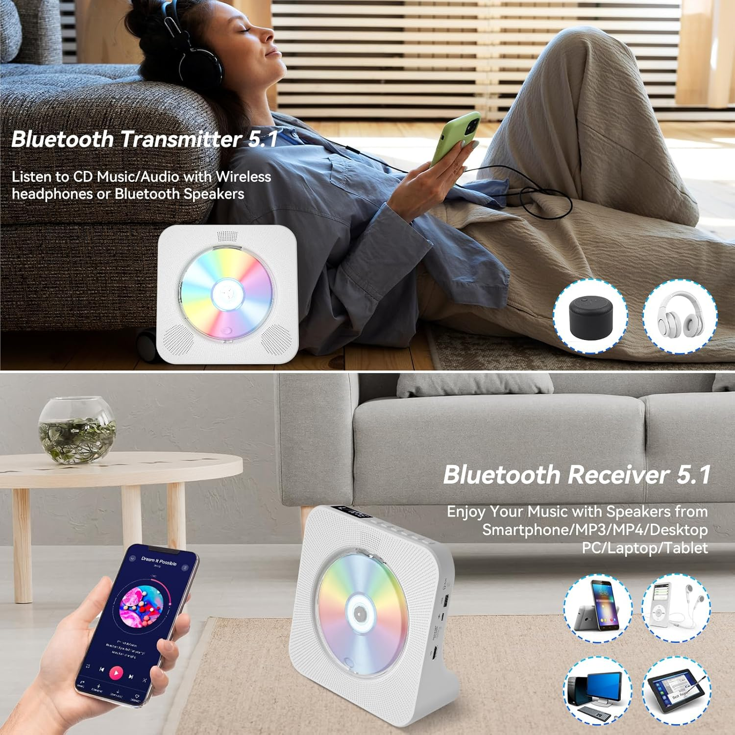 Qoosea DVD Player for TV with Bluetooth, HDMI and All Region Free Desktop DVD CD Player with Speakers Display Alarm Clock FM Radio USB Card Playback Include Remote Control, HDMI Cable(White) image number 5