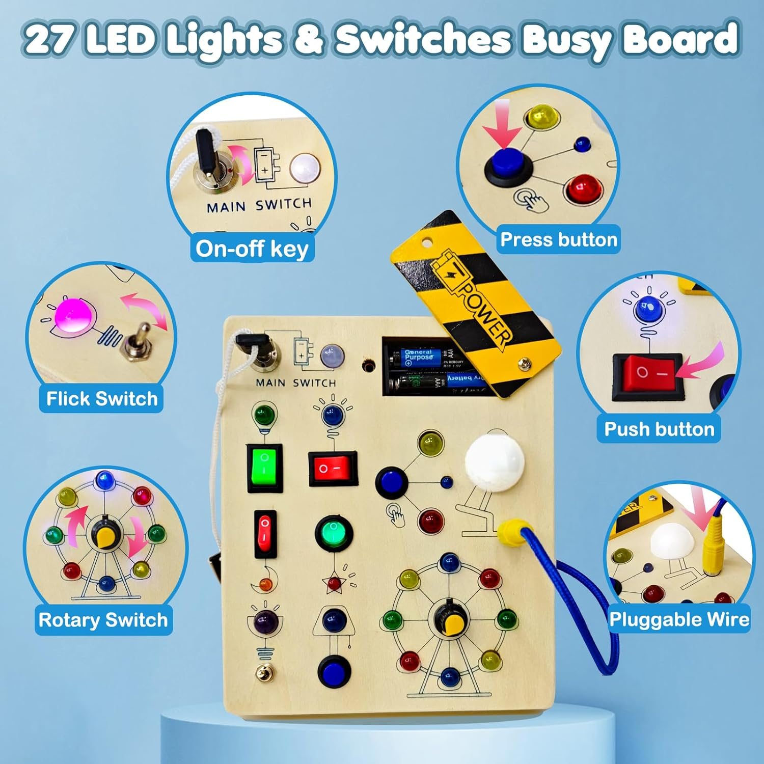 PELOSTA Busy Board Montessori Toys for 1-3 Year Old,Wooden Toddler Toy with LED Light up Switch,Autism Sensory Travel Toys,Educational Toys for 18+ Months Baby, 1 2 3 Year Old Boys Girls Gifts image number 5