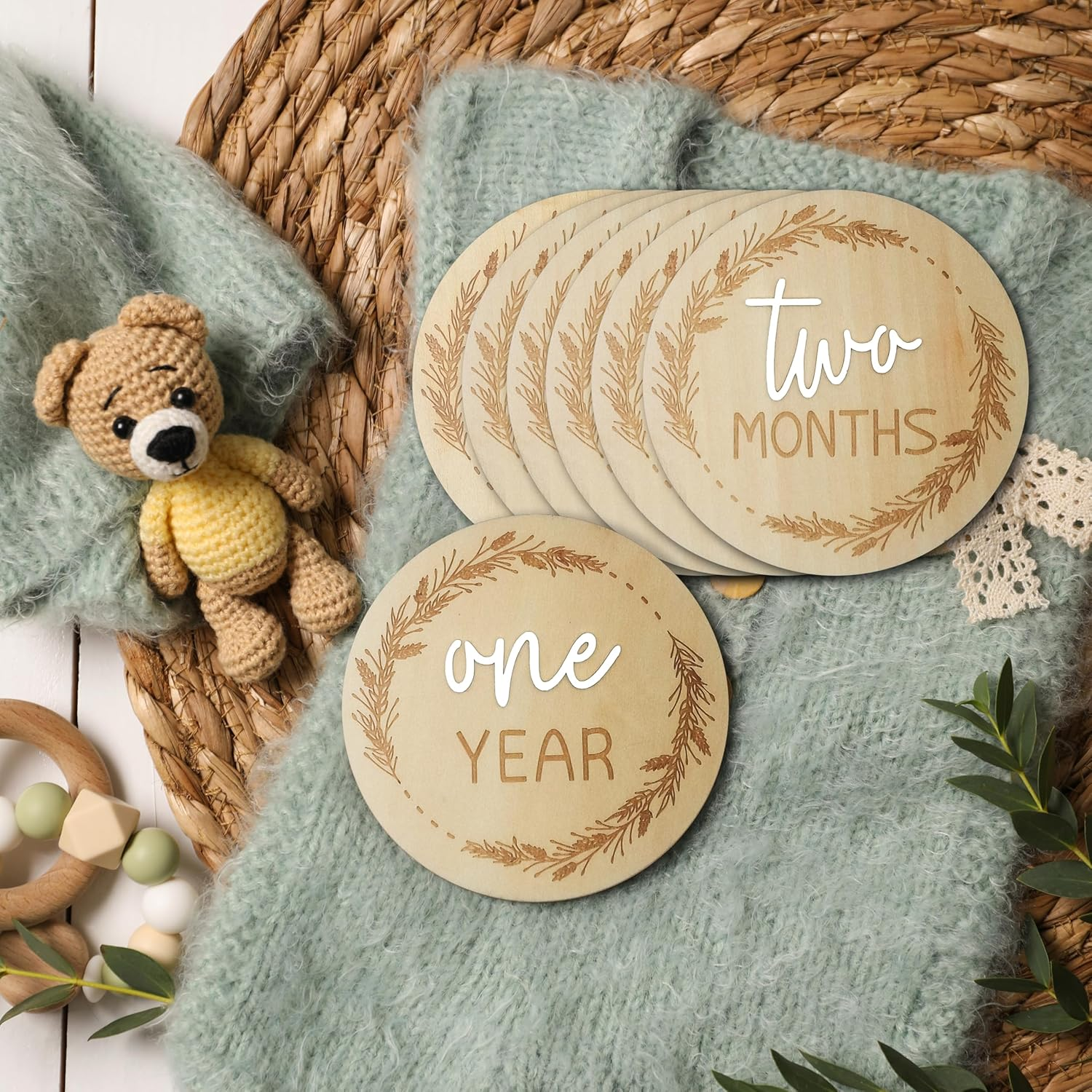 7 Pack Monthly Baby Milestone Discs &ndash; Double-Sided 3D Wooden &ldquo;Hello World&rdquo; Sign, 4" Signs for 1-12 Monthly Milestones & Announcement Props, Newborn Photography Keepsake Gift for Boys & Girls (White) image number 6