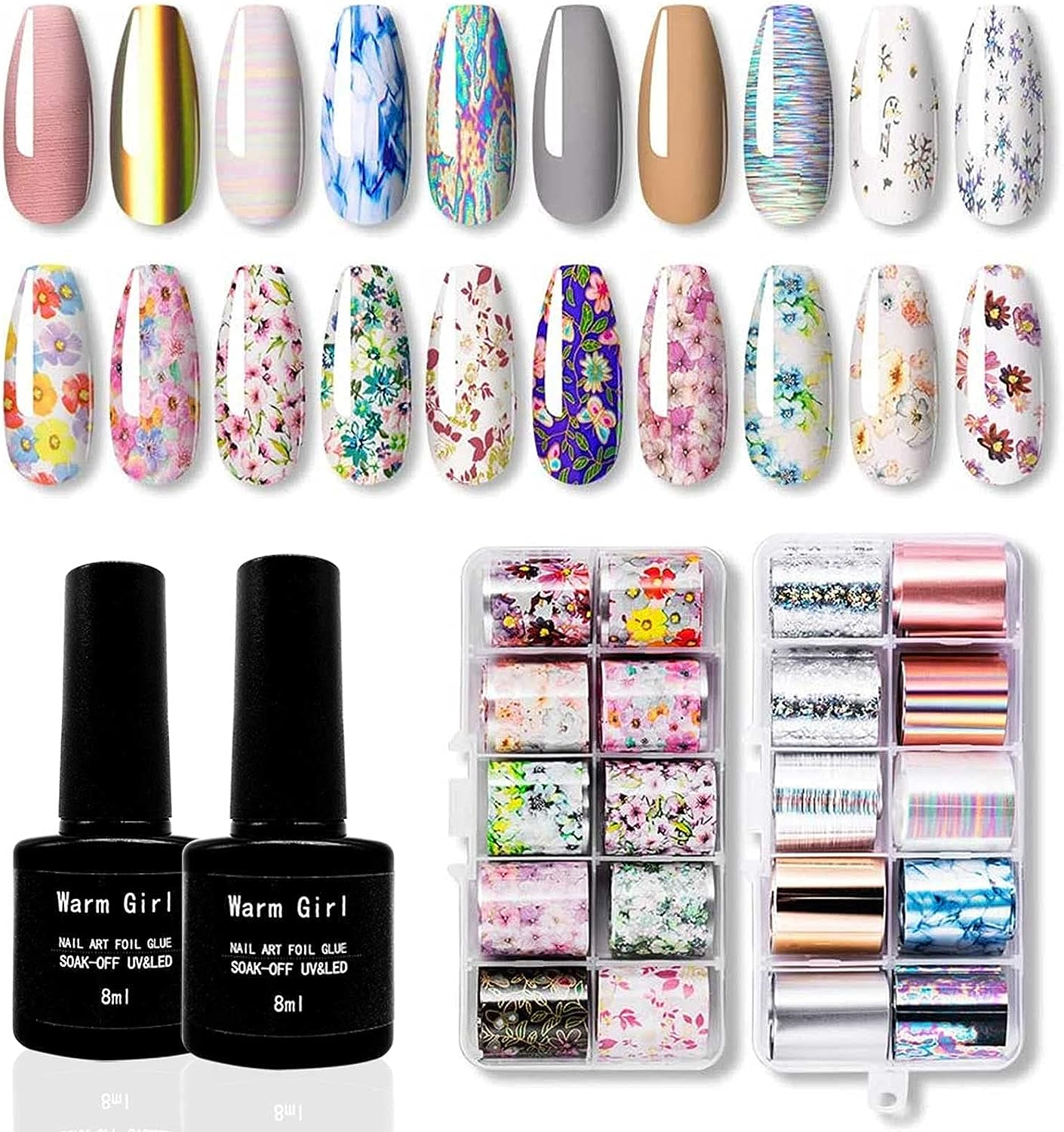 Warm Girl Nail Art Foil Glue Gel with Starry Sky Star Foil Stickers Set Nail Transfer Tips Manicure Art DIY 8ML, 10PCS (2.5Cm100Cm) Stickers