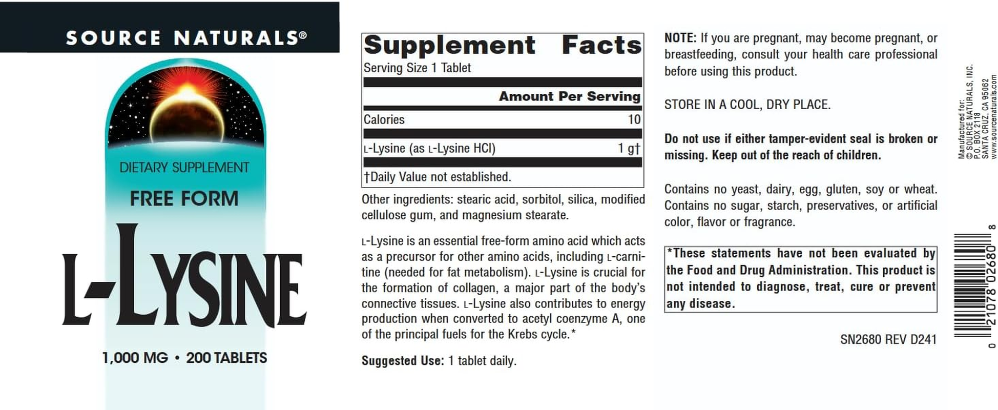 Source Naturals L-Lysine 1000 Mg Free Form -Amino Acid Supplement Supports Energy Formation & Collagen - 200 Tablets image number 1