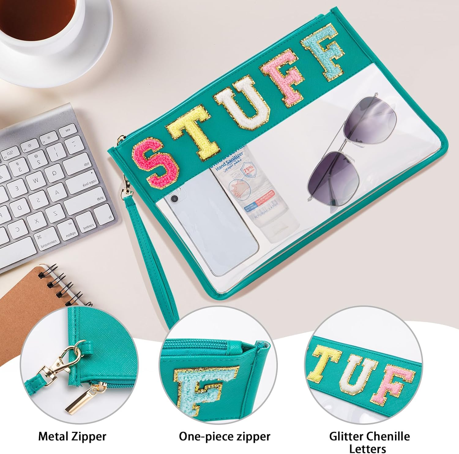 Chenille Letter Clear Zipper Pouch, Pvc&Nylon Clear Cosmetic Bags, Clear Purse, Travel Makeup Bag for Women and Children, Clear Pouches for Travel, Gym, Beach, Green, Glitter Chenille Letters image number 5