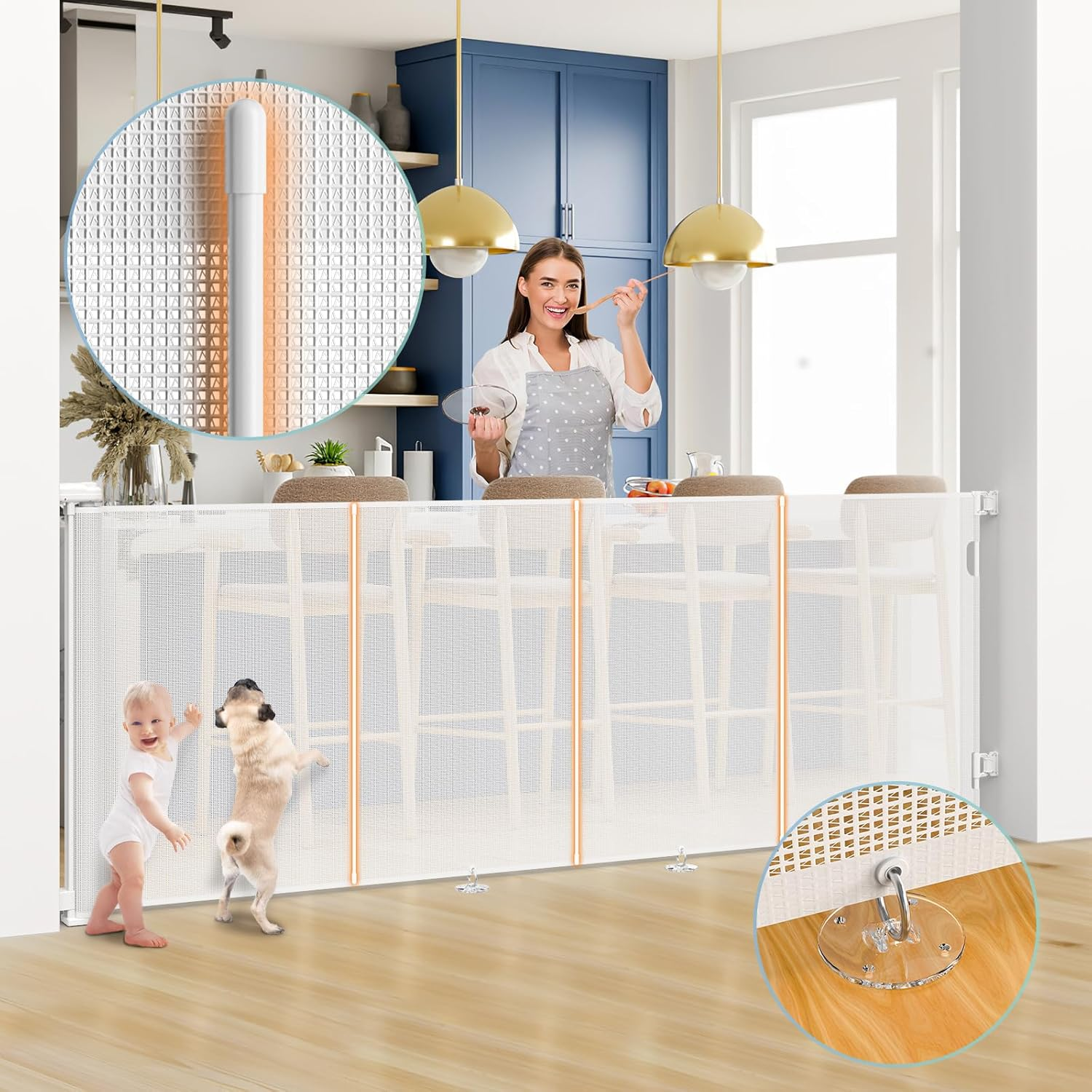 180Cm/70 Wide Retractable Baby Gate Pet Gate with Upgrade Reinforcement Rods,105 Cm/42" Extra Tall Baby Gate Safety Gate, One Handed Operation Retractable Dog Gate for Stairs Indoor