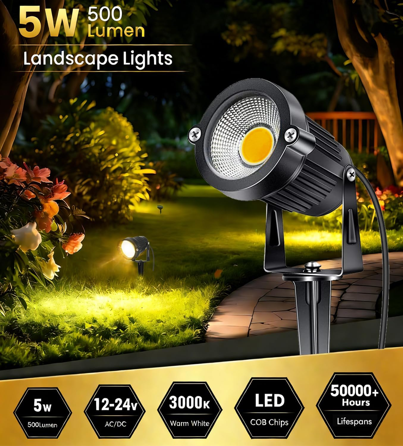 AHSELLUS Low Voltage Landscape Lights Outdoor LED Spotlights Garden Spot Lights Outdoor Pathway Lighting 5W 12V 24V IP66 Waterproof Spike Flood Lighting for Tree(8 Pack) image number 6